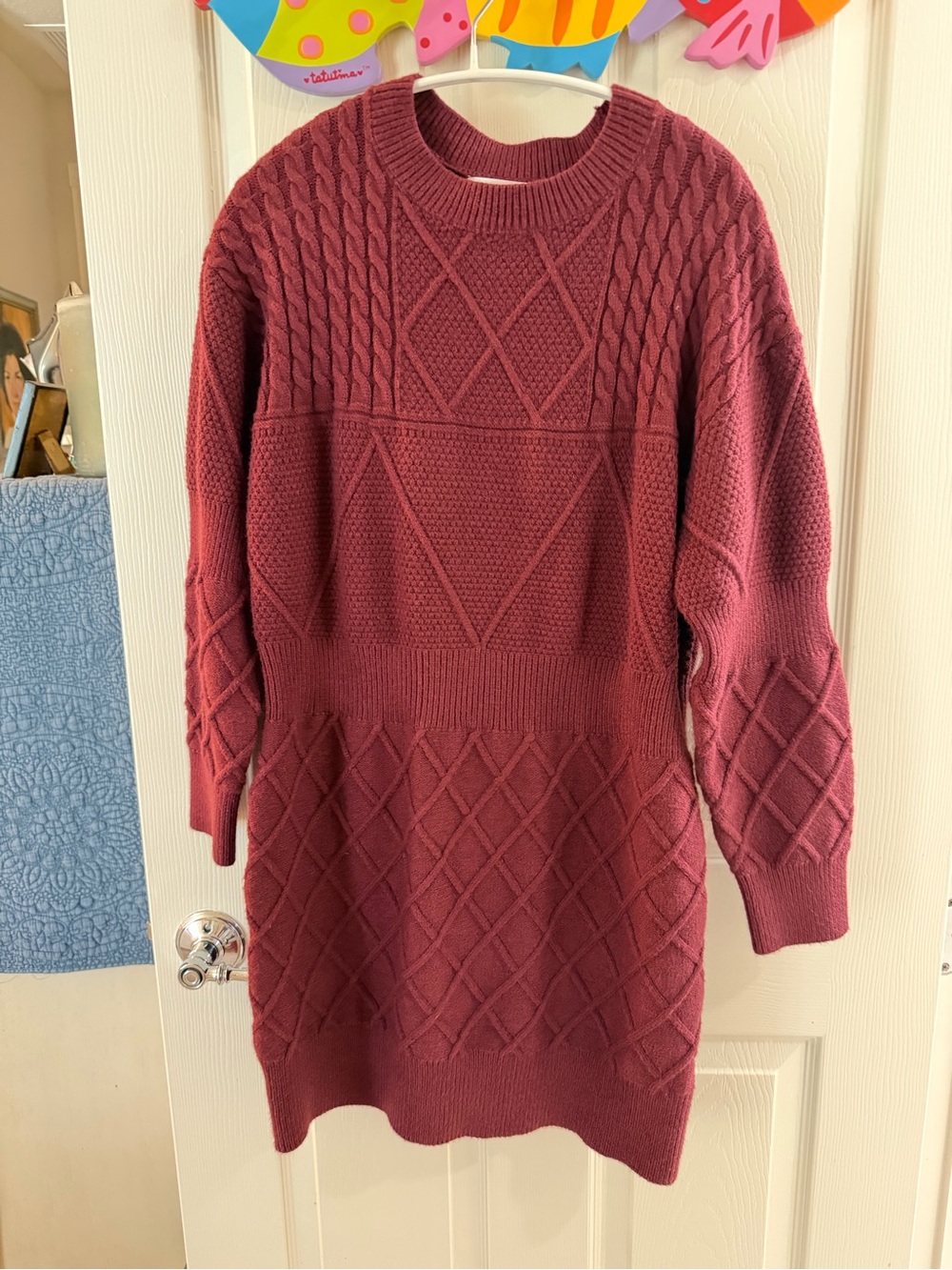 Women’s Long-Sleeve Cable Knit Sweater Dress — Burgundy